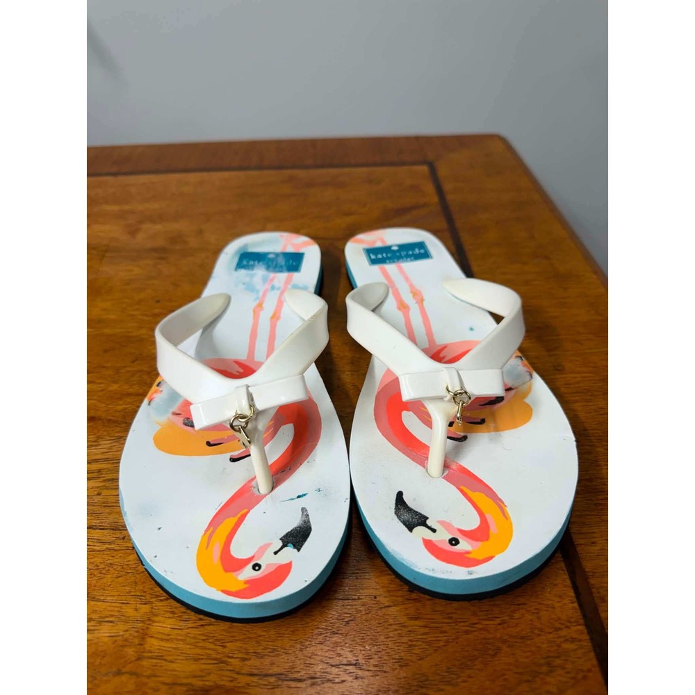 Kate Spade New York Flamingo Bow Flip Flops White Pink Blue Sandals Womens 7M